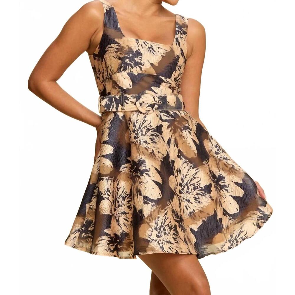 NEW LUXXEL dark escape belted dress in dark navy-mocha